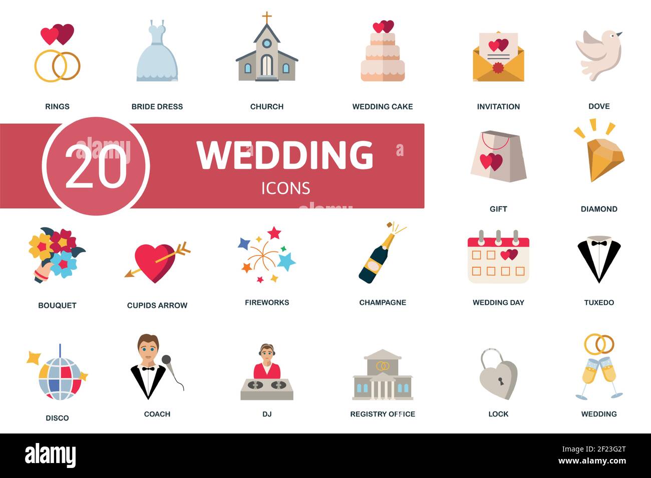 Hochzeitssymbol-Set. Enthält editierbare Symbole Hochzeit Thema wie Brautkleid, Hochzeitstorte, Taube und mehr. Stock Vektor