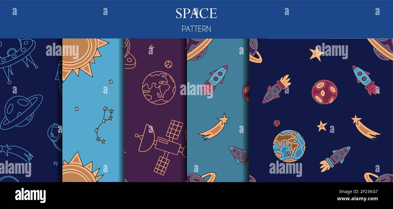 Eine Reihe von nahtlosen Mustern. Hand zeichnen Raum Illustration mit einer Rakete, Astronaut, Planeten und Aliens. Niedlich, Kinder s Vektor Zeichnung über Stock Vektor