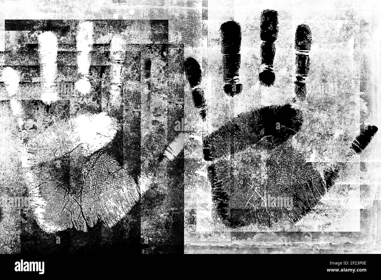 Schwarz-Weiß-Palmdrucke. Monochrome Grunge-Illustration. Kein Rassismus-Konzept. Street Art Blaupause Stockfoto