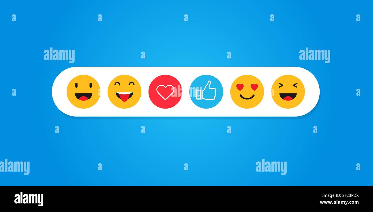 Abstraktes Set von Emoticons. Emoji flache soziale Symbole auf blauem Hintergrund. Vektorgrafik EPS 10 Stock Vektor