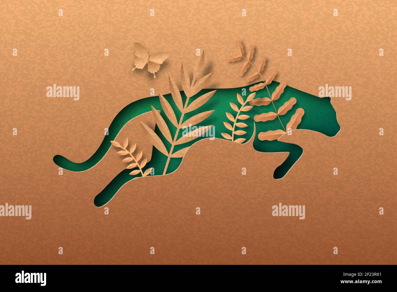 Grüner Geparden-Sprung, isolierter Tierpapierschnitt mit tropischem Pflanzenblatt im Inneren. Recycling Papier Textur Ausschnitt Konzept für afrika Safari, große Katze wild Stock Vektor