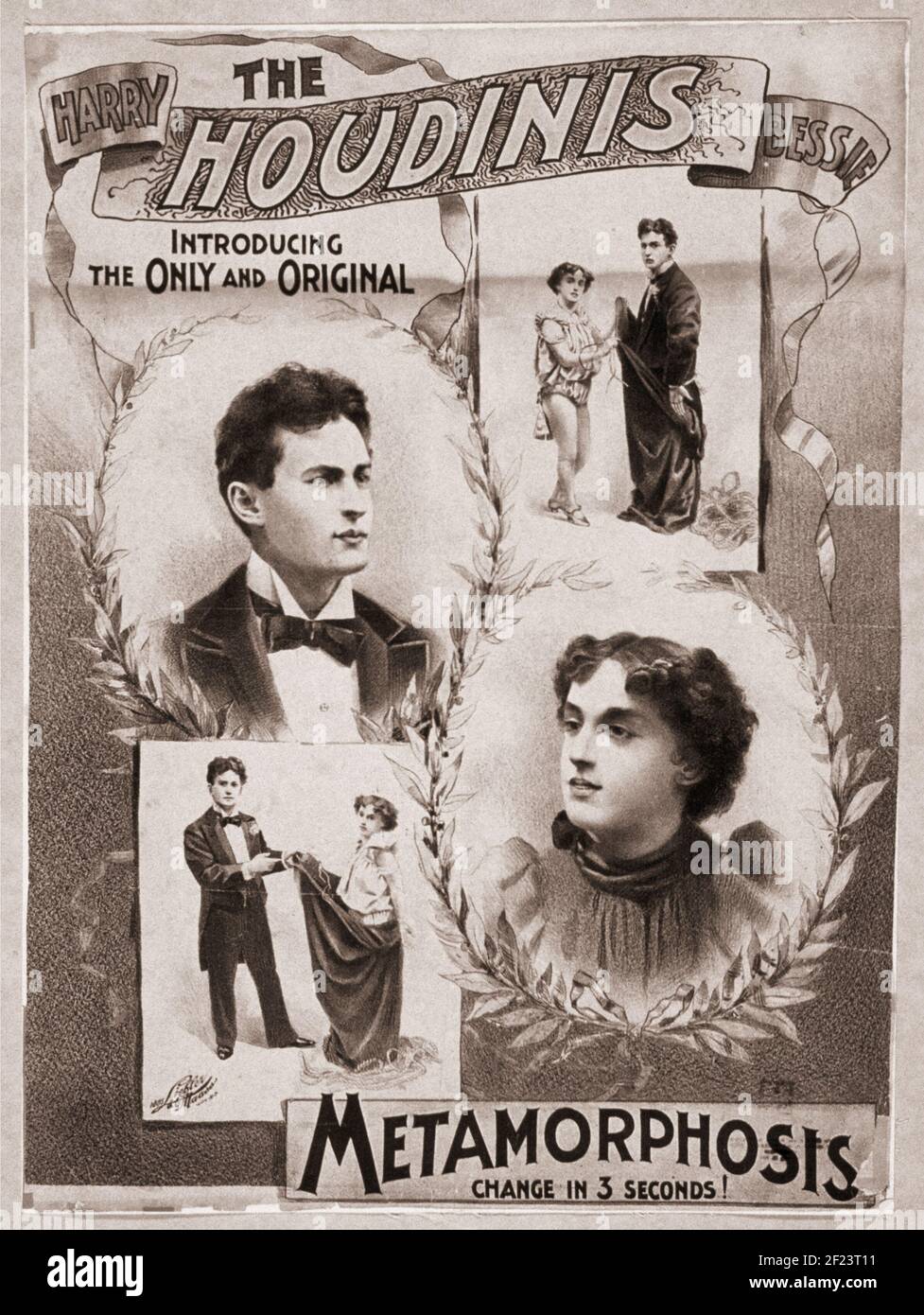 Klassisches Harry Houdini Poster, Metamorphose Wechsel in 3 Sekunden! Stockfoto