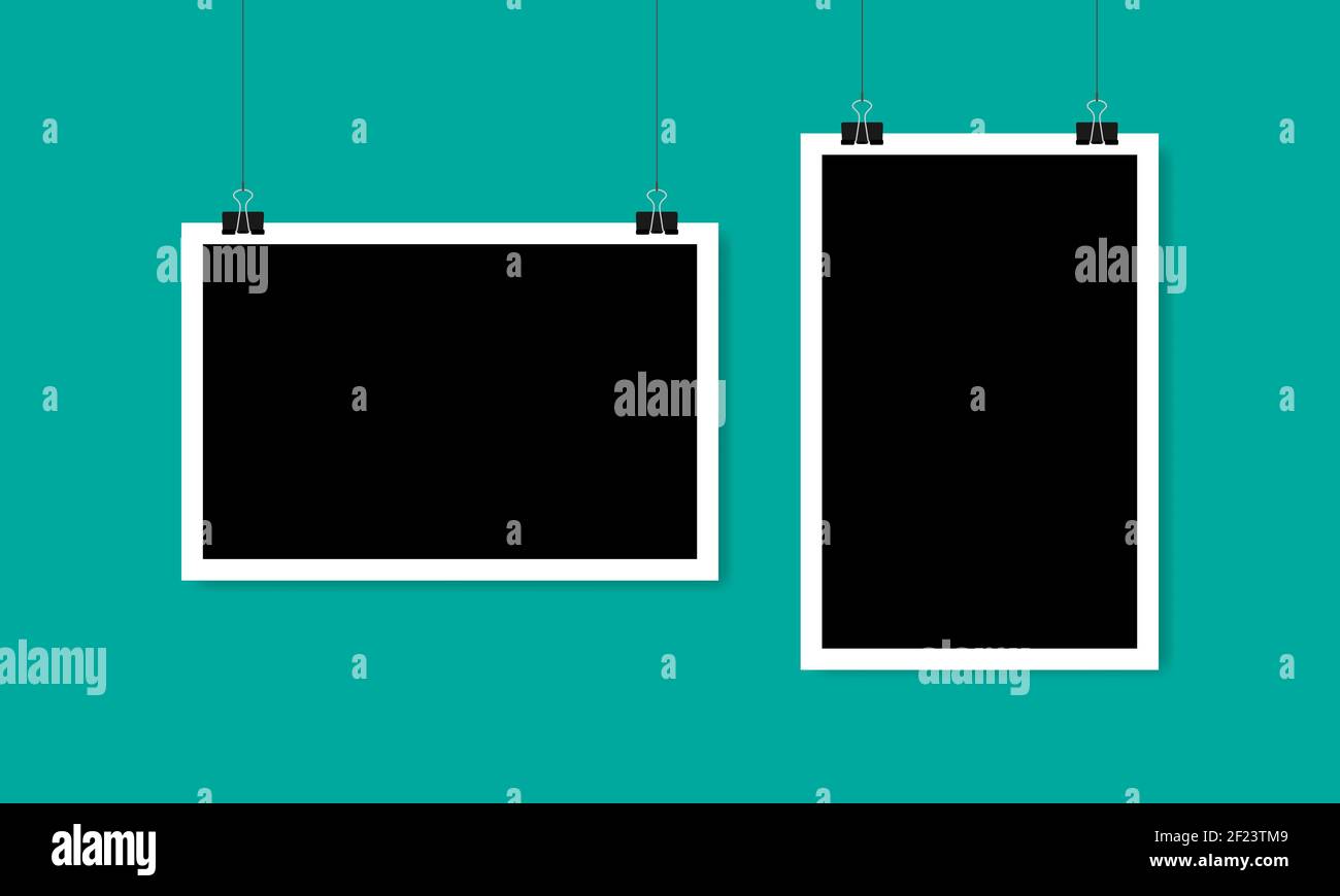 Leerer horizontaler und vertikaler Fotorahmen, der an einem Clip hängt. Vektorgrafik EPS 10 Stock Vektor