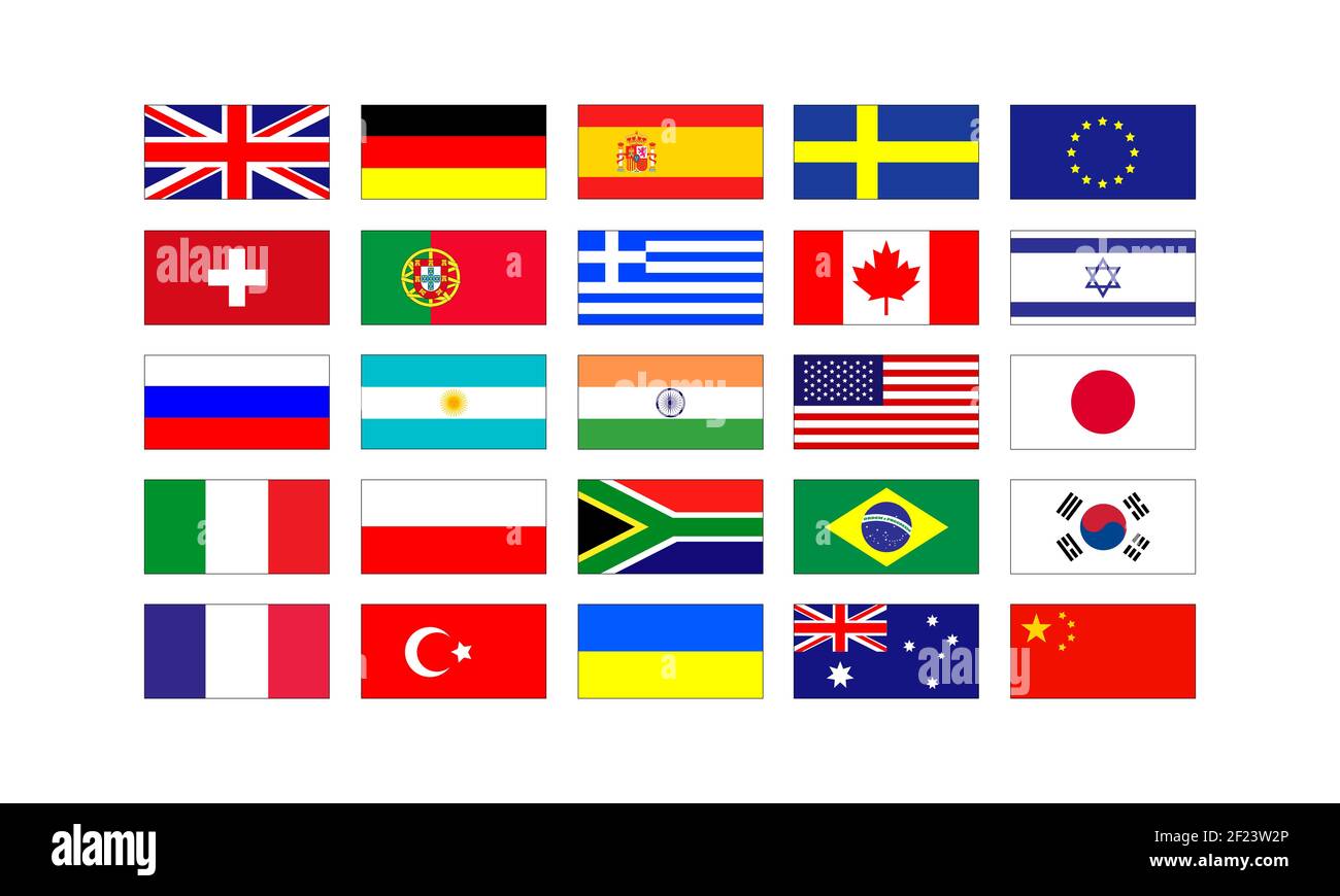 Set von beliebten Flaggen der Länder Europas und Amerikas isoliert auf weißem Hintergrund. Vektorgrafik EPS 10 Stock Vektor
