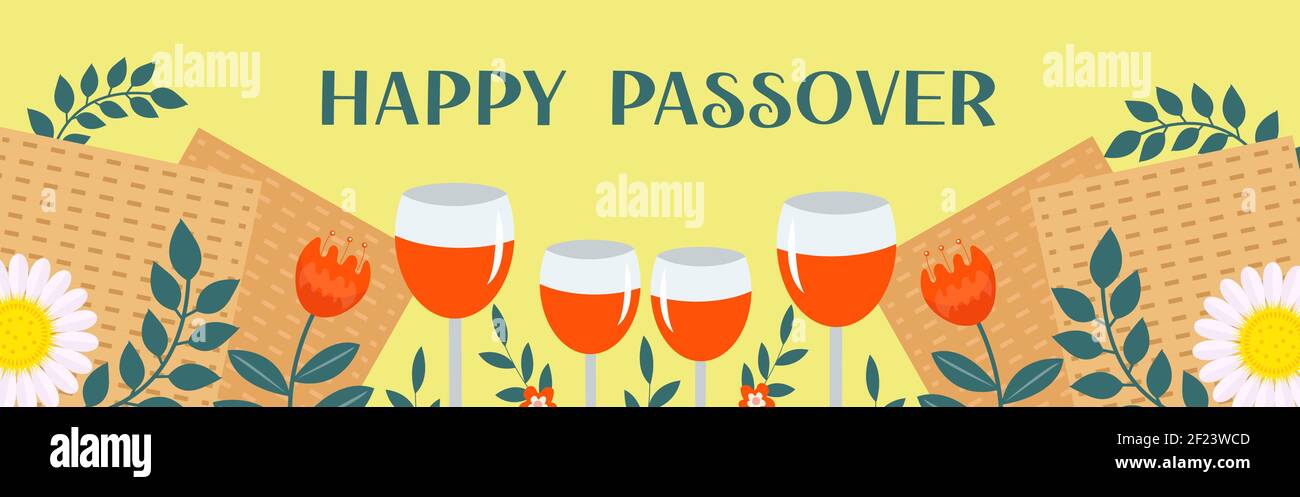 Pessach-Banner. Pesach Vorlage für Ihr Design mit Matzah und Frühlingsblumen. Frohe Passah Inschrift. Jüdischer Feiertag Hintergrund. Vektor Stock Vektor
