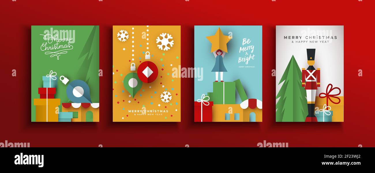 Frohe Weihnachten Happy New Year Grußkarte Set von bunten Papierschnitt Weihnachten Spielzeug, Urlaub Ornamente und Papier geschnitten Stadt. Niedliche Kinder Spielzeug Illustration Stock Vektor