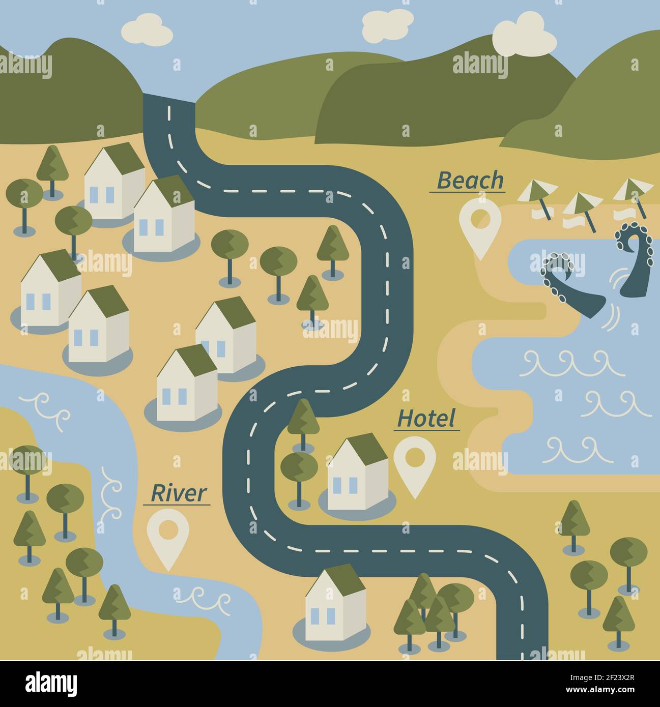 Cartoon Vektorkarte im flachen Stil gezeichnet mit Wahrzeichen, Berge, Straße, Meer, Fluss, Wald und Häuser Stock Vektor