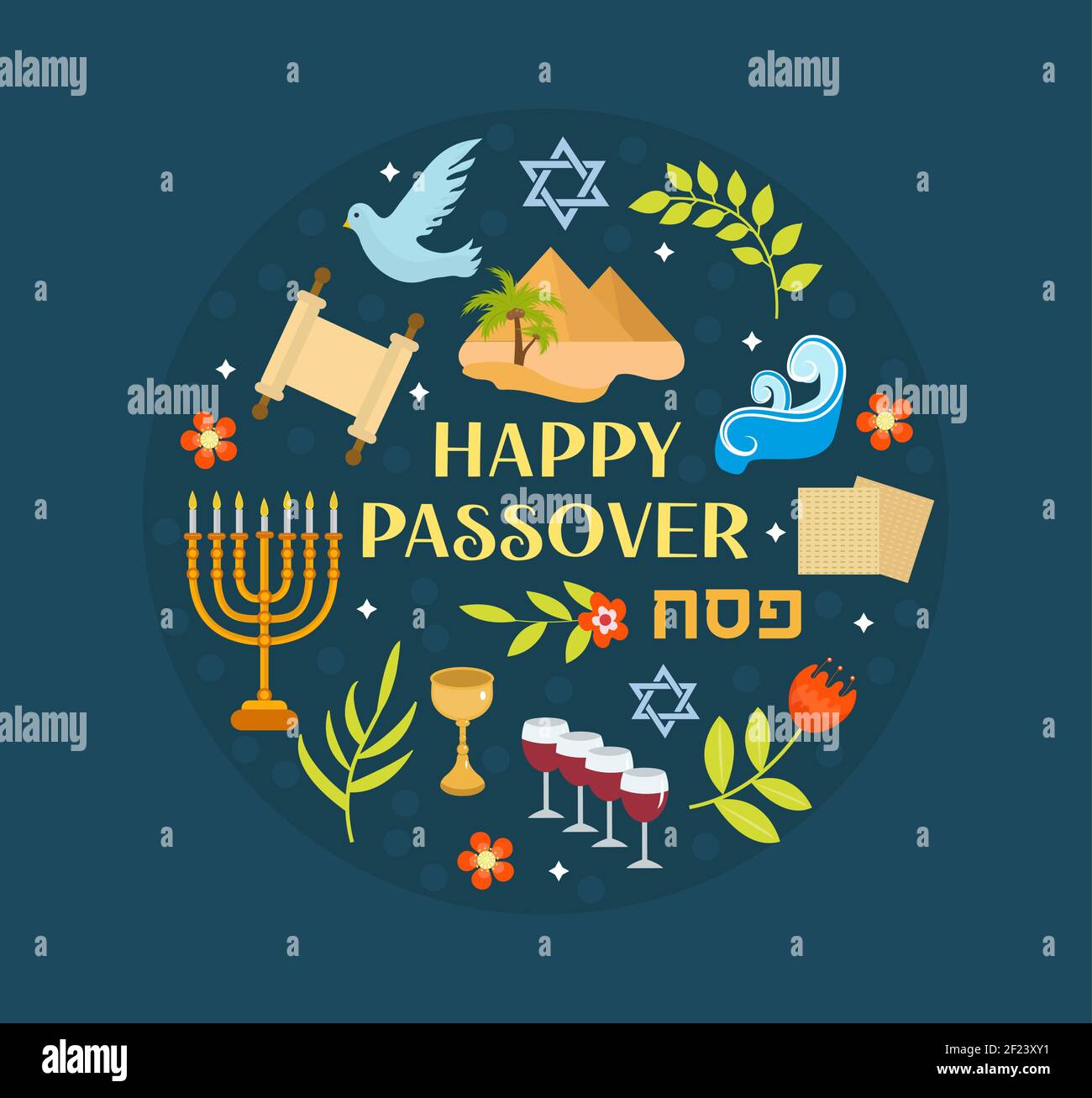 Passah Symbole in runder Form. Flach, Cartoon-Stil. Jüdischer Feiertag. Sammlung mit Matzah, Wein, Torus, Pyramide. Isoliert auf weißem Hintergrund Stock Vektor