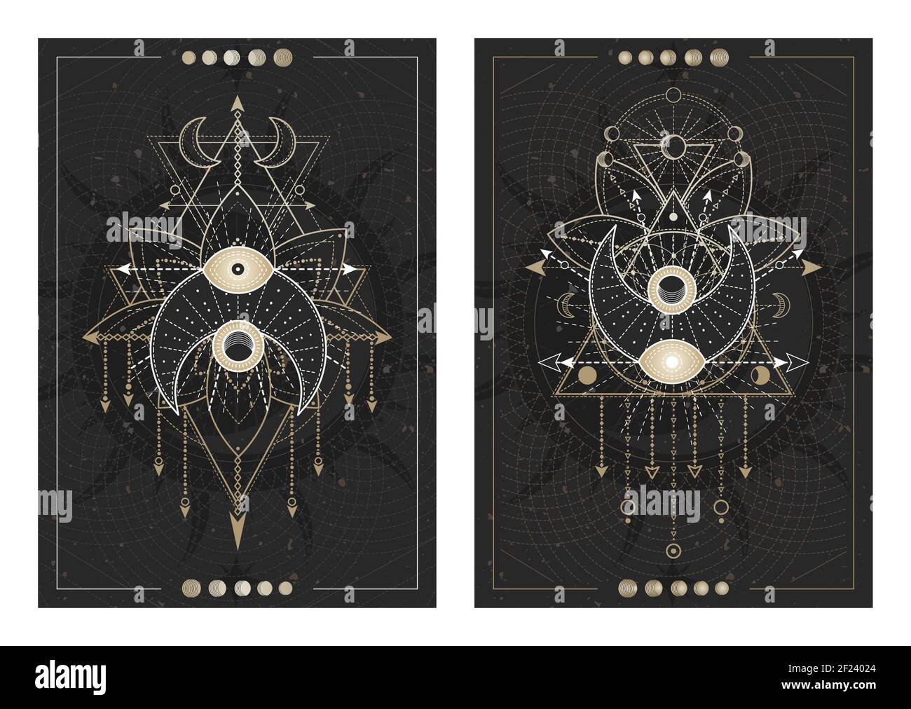 Vektor dunkle Illustrationen mit heiligen Geometriesymbolen, Grunge Texturen und Rahmen. Bilder in schwarz, weiß und Gold. Stock Vektor