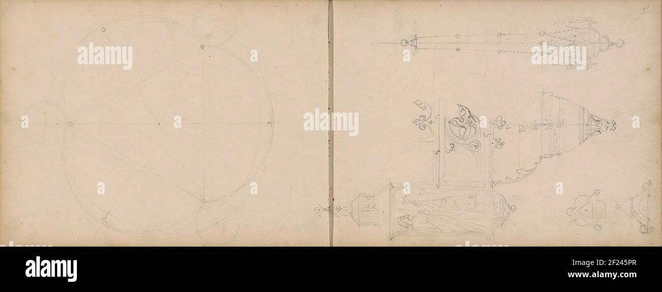 Godslamp, Grab.auch Studien eines geometrischen Musters mit Kreisen und einem Dreieck und einem Architekturdetail mit einer Darstellung eines heiligen. Blatt 40 Verso und 41 recto aus einem Skizzenbuch mit 77 Blättern. Stockfoto