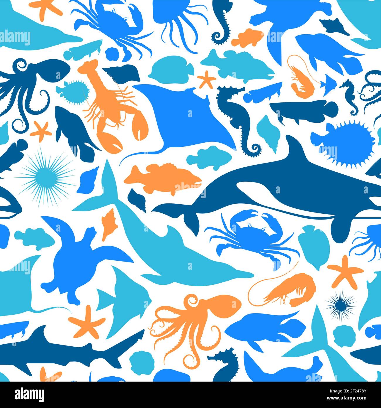 Wildwasser Tier Symbol nahtlose Muster Illustration. Blaue Meerestiere Silhouette Hintergrund für aquatische Meer Leben Vielfalt Konzept oder Korallenriff p Stock Vektor