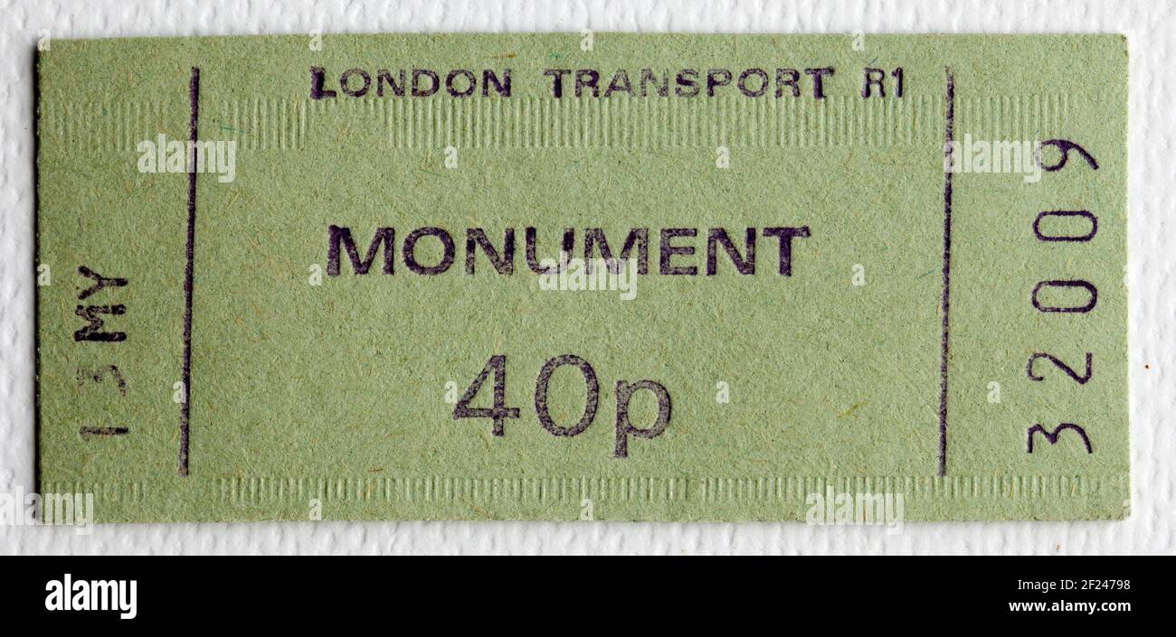 Old London Transport U-Bahn oder U-Bahn-Ticket von Monument Station Stockfoto