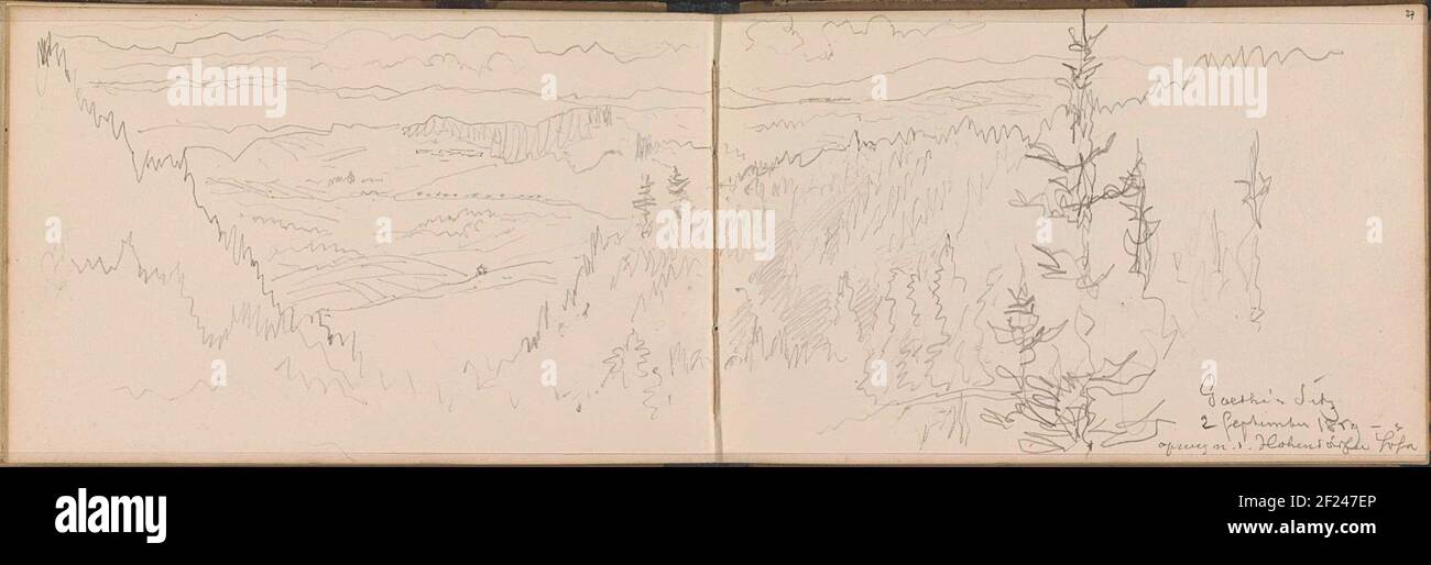 Landschaft in Böhmen, wahrscheinlich einer der Orte, die Goethe besuchte.Blatt 36 Verso und 37 Recto aus einem Skizzenbuch mit 48 Blättern. Stockfoto