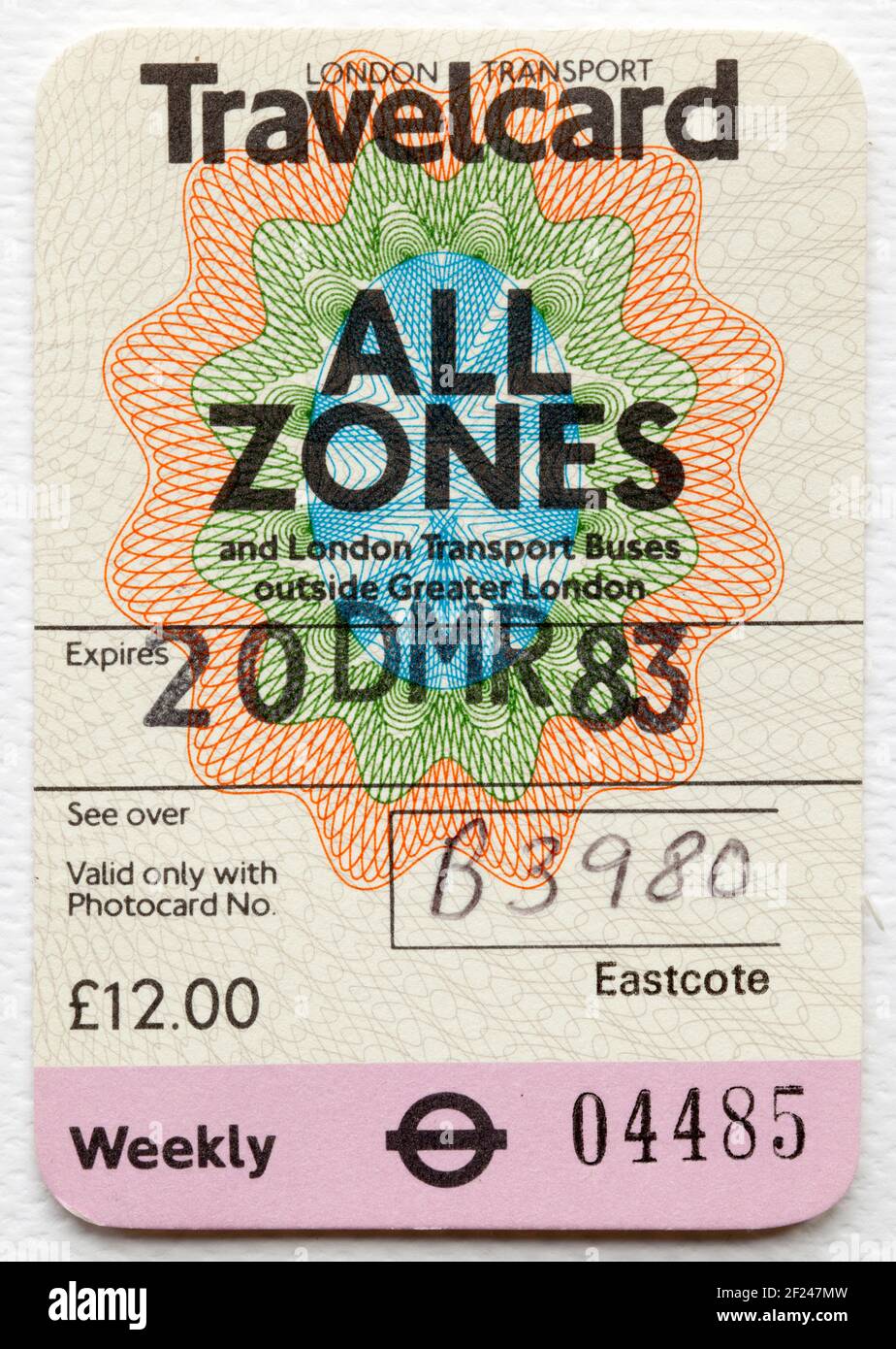 Old London Transport Travelcard Ticket Stockfoto
