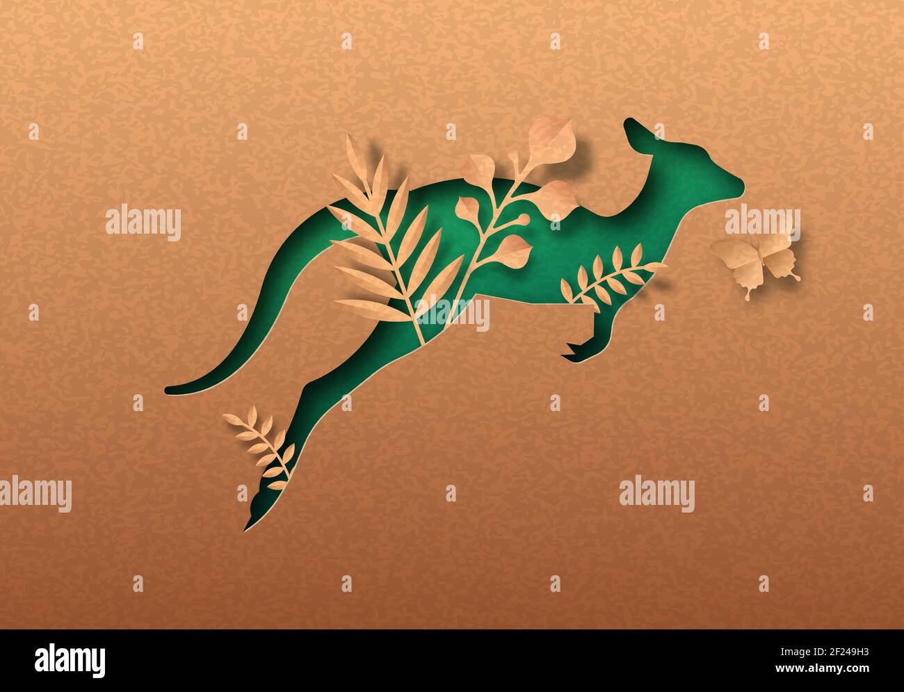 Grün Känguru Tier isoliert papercut Silhouette mit tropischen Pflanzen Blatt innen. Wandausschnitt aus recyceltem Papier. Tierschutz, aust Stock Vektor