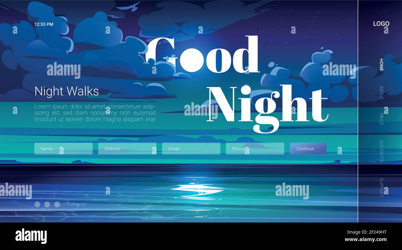 Gute Nacht Spaziergänge Cartoon Landing Page mit Vollmond am Himmel mit Sternen flauschige Wolken über Meer Wasser reflektieren Mondlicht Weg. Romantische nächtliche Promenade bei Mitternacht Landschaft Vektor Web-Banner Stock Vektor