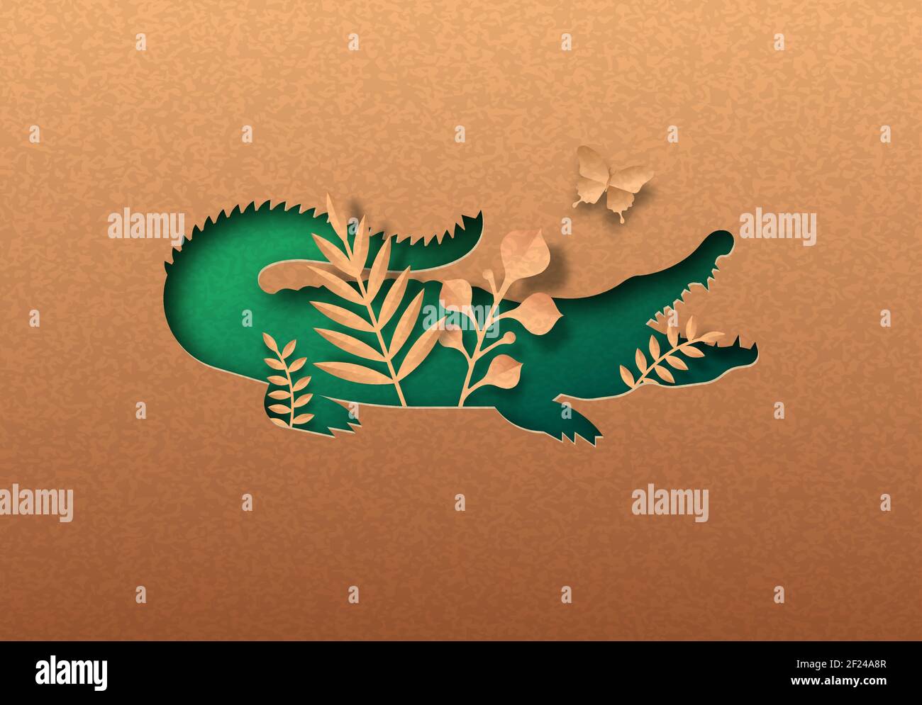 Grün Krokodil Tier isoliert papercut Silhouette mit tropischen Pflanzen Blatt innen. Alligator-Ausschnitt aus recyceltem Papier. Tierschutz, j Stock Vektor