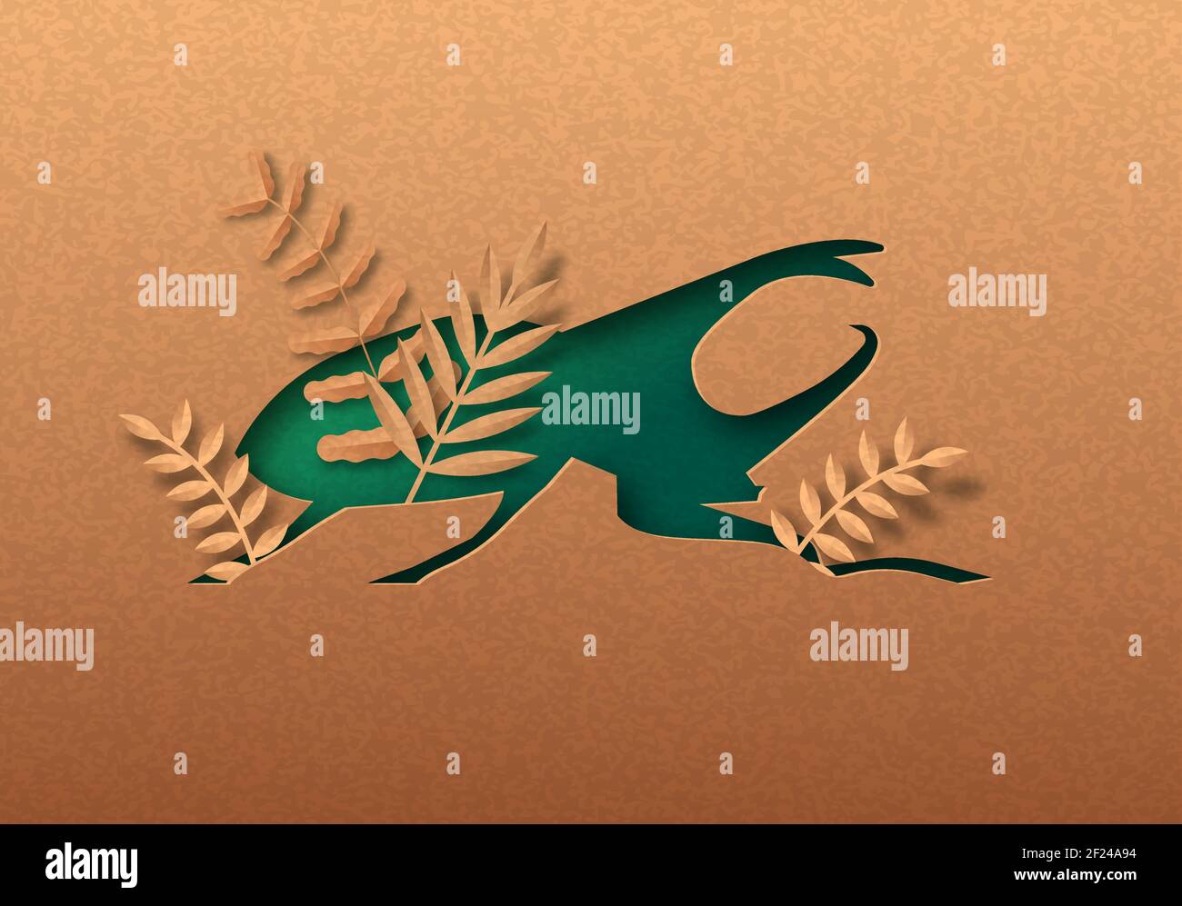 Grün Nashornkäfer isoliert papercut Silhouette mit tropischen Pflanzenblatt innen. Insektenausschnitt aus recyceltem Papier. Tierschutz oder n Stock Vektor