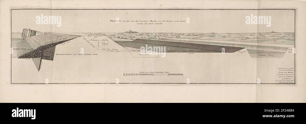Entwurfszeichnung der neuen Steine Zeedijk östlich von Muiden; Projekt Van Den Zee-Dyk Beoosten Muyden Soo als Doonve Soude kunne wurden mit Stein erweitert.Entwurfszeichnung einer neuen Steinkonstruktion für den Zeedijk East Muiden. Mit Querschnitt des Deichs und des Landes hinter dem Deich, mit Bildunterschriften. Unten in der Mitte EIN Scaling Stick: Besteck von 4 Stäben Rhynese Größe. Die Verstärkungen sollen in den Jahren 1735, 1736 und 1737 durchgeführt werden. Stockfoto
