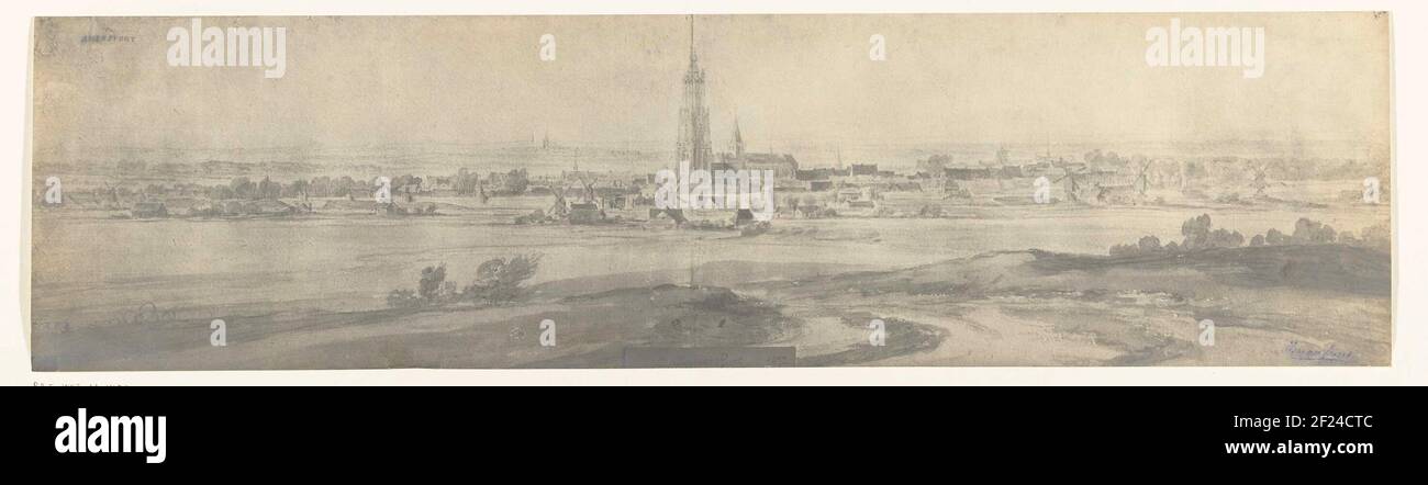 Ansicht von Amersfoort, 1672; Fotos von Zeichnungen des französischen Überfalls in den Niederlanden 1672 von Adam Frans van der Meulen in der Manufaktur des Gobelins. Foto einer Zeichnung mit einem Panorama-Gesicht in Amersfoort, aufgenommen von der französischen Armee im Juli 1672. Teil einer Fotoserie von Zeichnungen von Städten, die während des französischen Überfalls in den Niederlanden 1672 erobert wurden. Stockfoto
