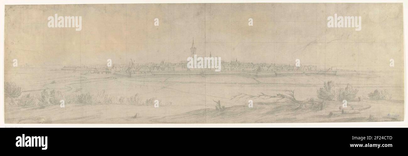Ansicht von Naarden, 1672; Fotos von Zeichnungen des französischen Überfalls in den Niederlanden 1672 von Adam Frans van der Meulen, die in der Manufaktur des Gobelins aufbewahrt wurden.Foto einer Zeichnung mit Panoramafelder auf Naarden, die am 20. Juli 1672 von der französischen Armee besetzt wurde. Teil einer Serie von Fotos von Zeichnungen oder eroberten Städten während des französischen Überfalles in den Niederlanden 1672. Stockfoto