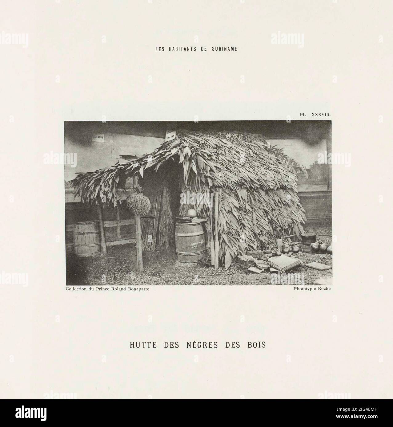 Maroon Home in der Kolonialausstellung, Amsterdam 1883; Maroonhut in der Kolonialausstellung, Amsterdam 1883; Hut van bosnegers in der Kolonialausstellung, Amsterdam 1883; Hutte des Nègres des Bois; Les Habitants de Suriname. Anmerkungen recueillies à l'Exposition Colonial d'Amsterdam und 1883 .. Stockfoto