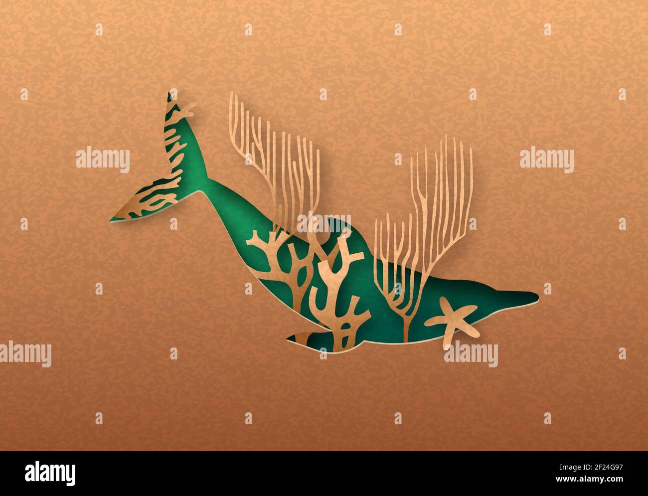 Grün Delphin Tier isoliert papercut Silhouette mit tropischen Korallenriff innen. Recyceltes Papier Textur Schildkröte Ausschnitt. Tierschutz, Ocea Stock Vektor
