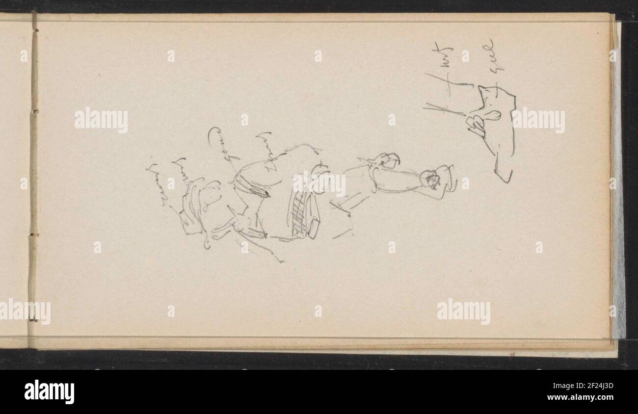 Mann in siebzehnten Jahrhundert Kleidung und ein Schuh mit Strumpf.Mann in siebzehnten Jahrhundert Kleidung. Hey trägt einen Hut. Unter einem Schuh und einem Strumpf. Blatt 39 aus einem Skizzenbuch mit 44 Blättern. Stockfoto