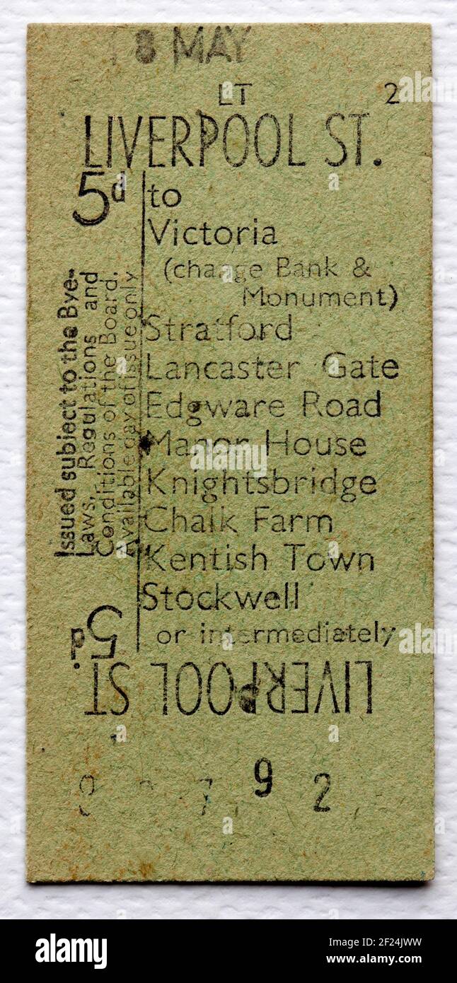 Old London Transport Ticket von Liverpool Street Stockfoto