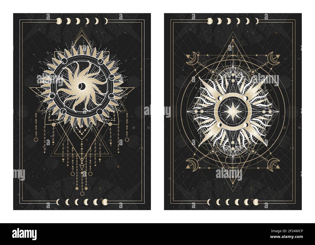 Vektor dunkle Illustrationen mit heiligen Geometriesymbolen, Grunge Texturen und Rahmen. Bilder in schwarz, weiß und Gold. Stock Vektor