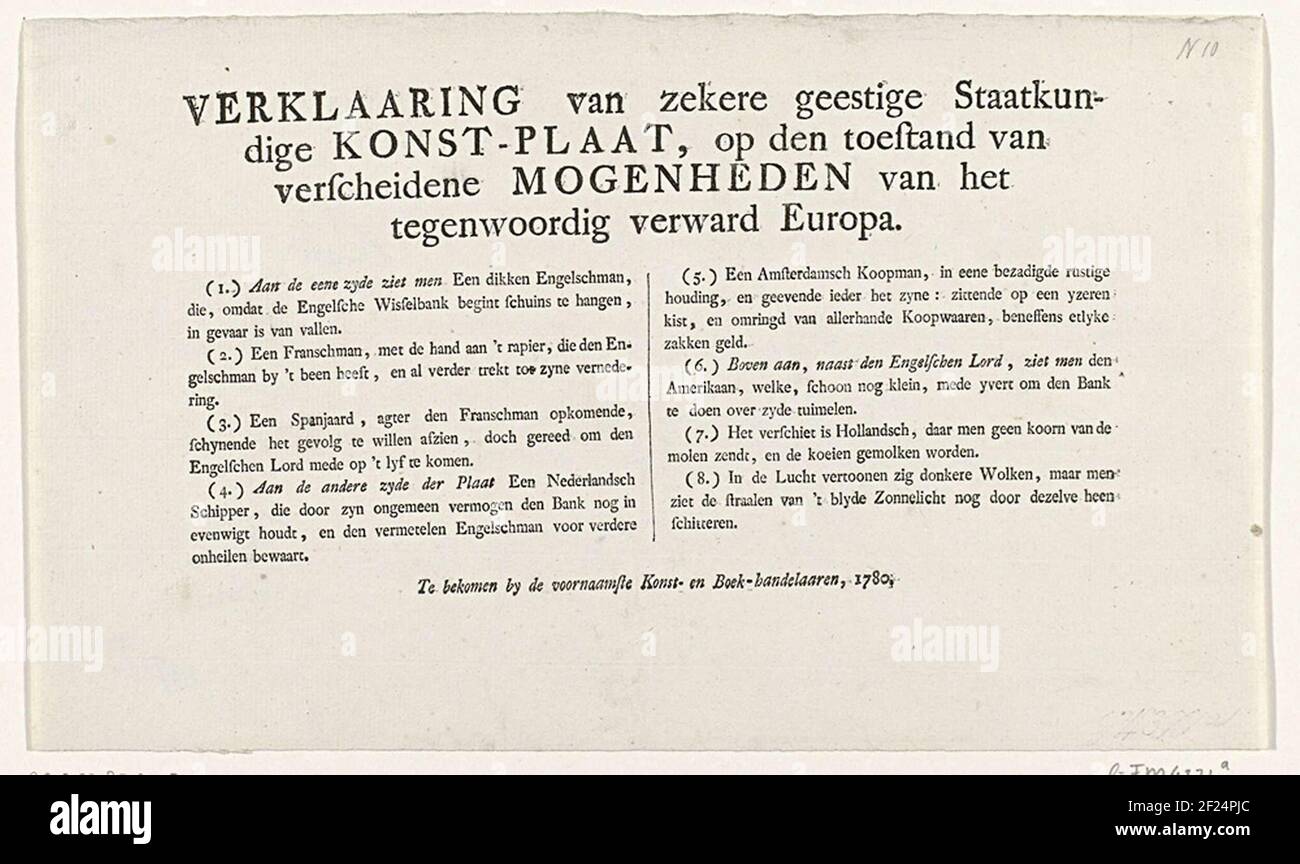 Textblatt mit einer Darstellung der Zahlen 1-8 in der Karikatur zum wackeligen Zustand der britischen Wirtschaft im Jahr 1780. Stockfoto