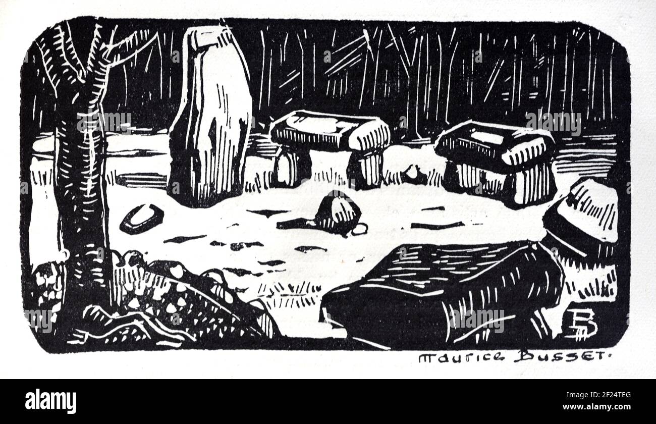 Chaville Dolmens & Menhir im Meudon-Wald Hauts-de-seine Frankreich. Vintage Holzschnitt, Holzschnitt oder Holzgravur von Maurice Busset 1925 Stockfoto
