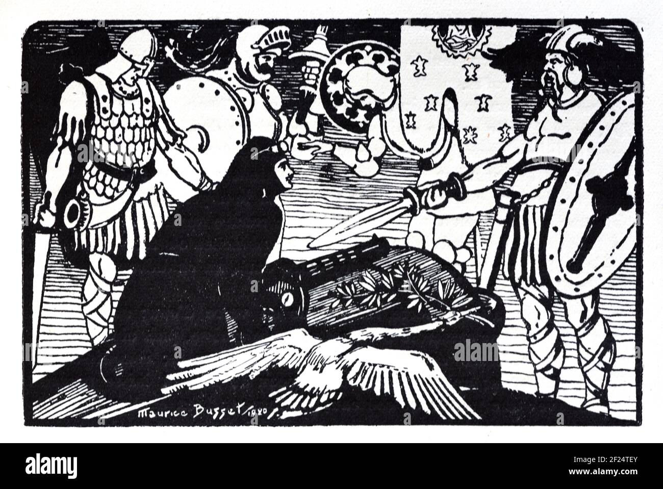 Tod von Georges Guynemer (1894-1917) Französischer Jagdflieger, fliegendes Ass & französischer Nationalheld, während des Ersten Weltkriegs, mit anderen französischen Helden, darunter Vercingetorix und Jeanne d'Arc. Vintage Holzschnitt, Holzschnitt oder Holzgravur von Maurice Busset 1920 Stockfoto
