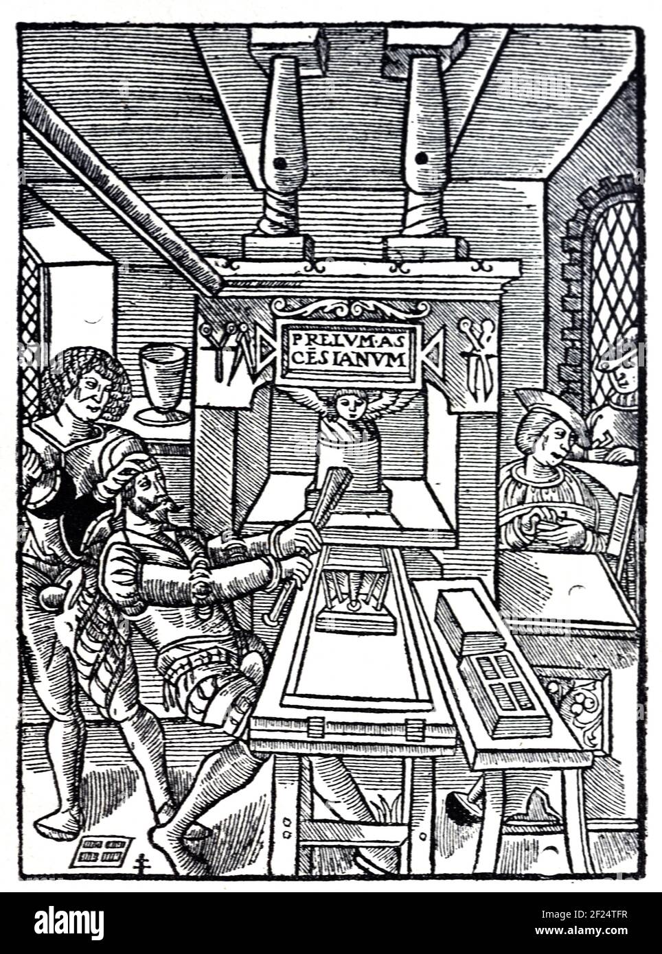 Gutenberg Druckerei Deutschland. Holzschnitt, Holzschnitt oder Holzgravur von Geoffrey Tory c1555 Stockfoto