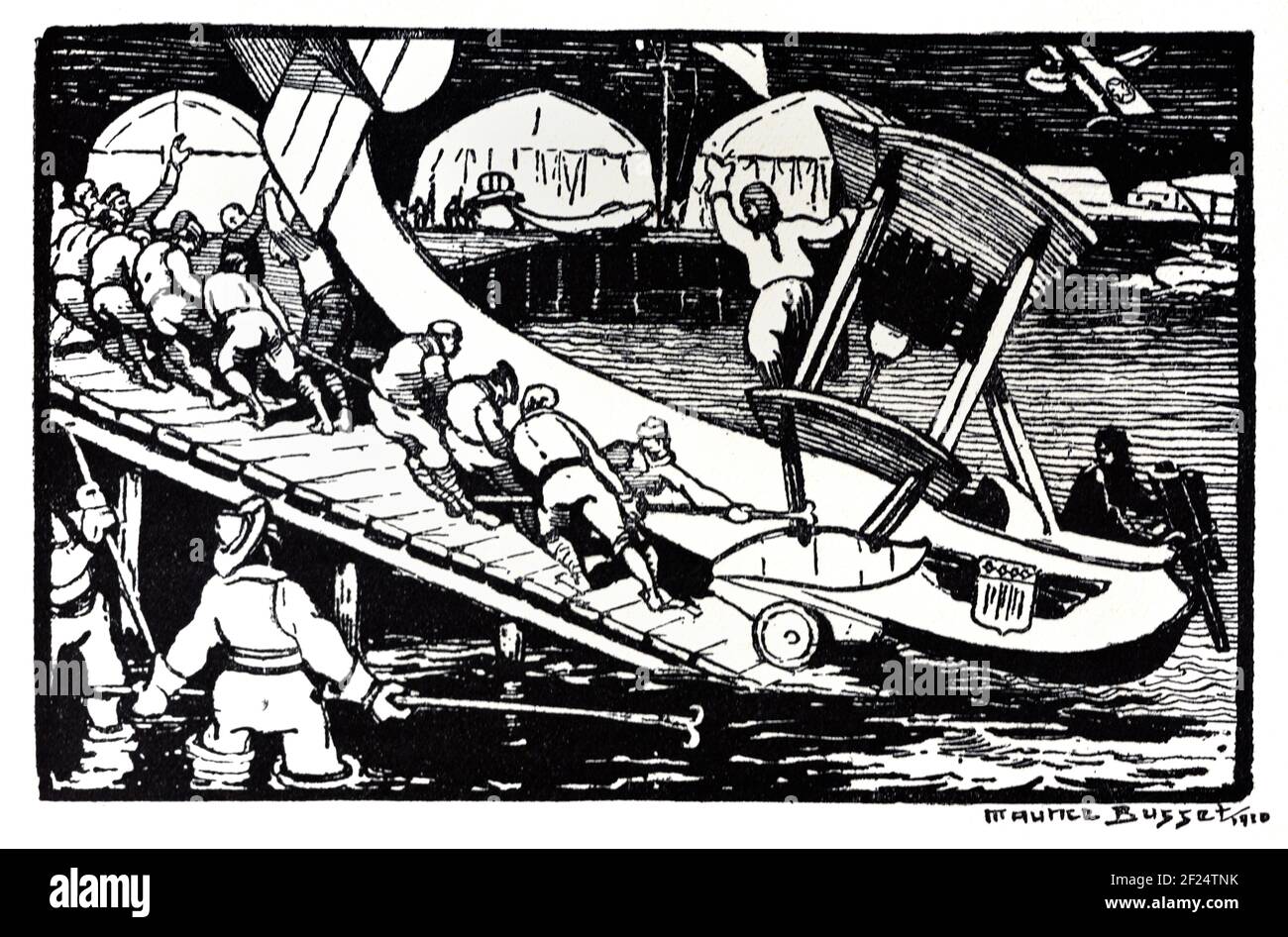 Start von Early Flying Boat oder Wasserflugzeug auf Slipway, Bootsrampe, Launch oder Boat Deployer Vintage Wood Engraving, Woodcut oder Woodblock Print von Maurice Busset 1920 Stockfoto