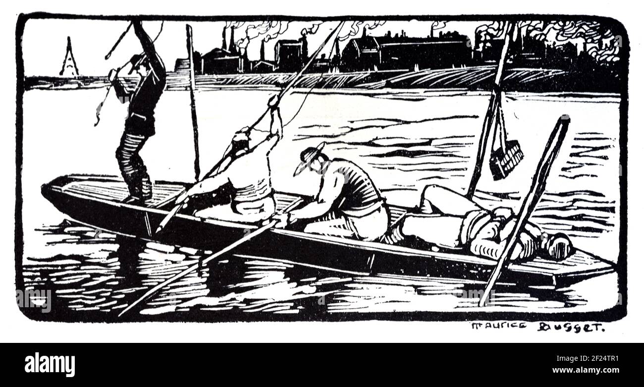 Fischer Angeln vom hölzernen Ruderboot auf der seine Paris Frankreich. Vintage Wood Gravur, Holzschnitt oder Holzschnitt Print von Maurice Busset c1925 Stockfoto