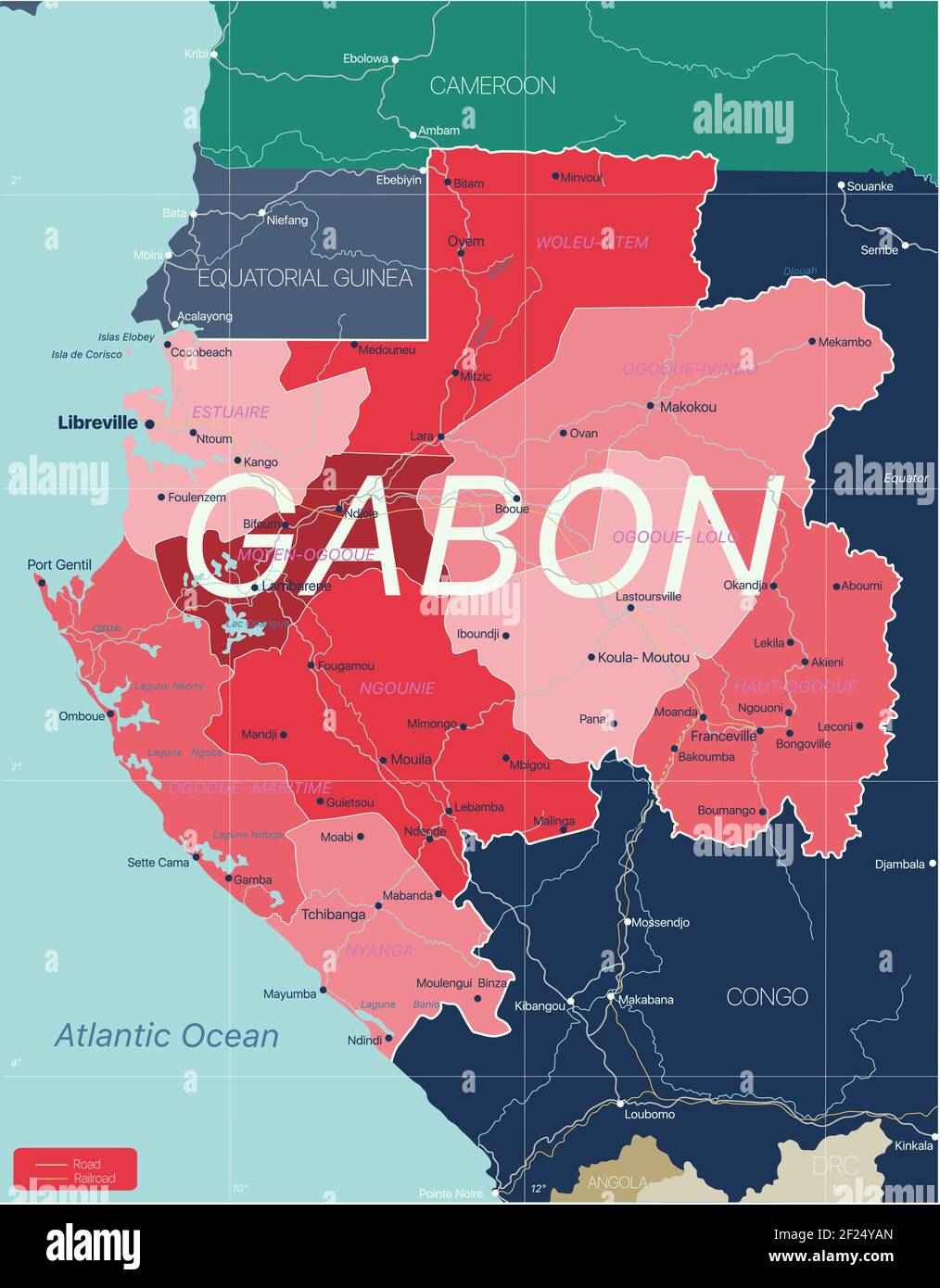Gabun Land detaillierte editierbare Karte mit Regionen Städte und Gemeinden, Straßen und Eisenbahnen, geografische Standorte. Vector EPS-10-Datei Stock Vektor