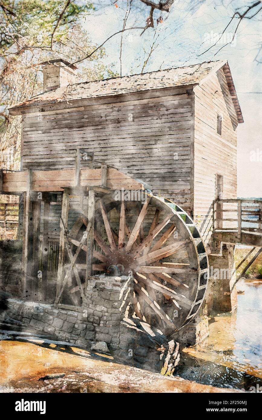 Stone Mountain Grist Mill, Stone Mountain Park, Georgia, USA. Historische Mühle mit hölzernen Wasserrad angetrieben von einem kleinen Bach. Aquarellillustration. Stockfoto