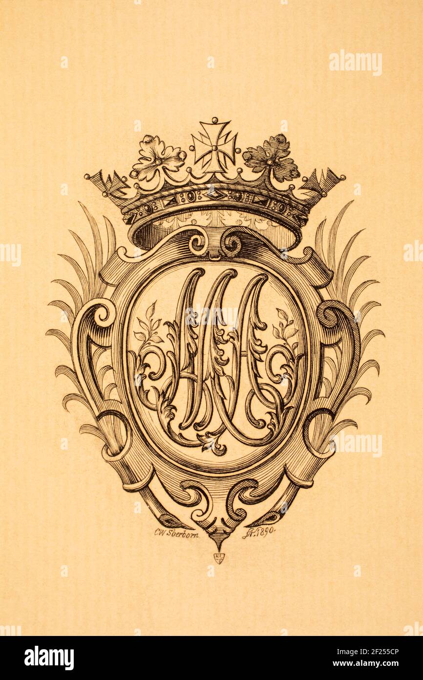 M EIN auf Kupfer graviertes Monogram-Exlibris für Prinzessin Mary Duchess of Teck, gestochen von Charles William Sherborn, dem ‘kleinen viktorianischen Meister’ Stockfoto