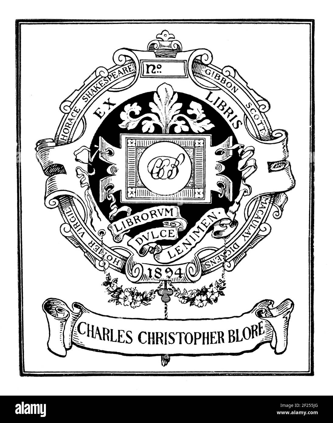 1894 Exlibris von Charles Christopher Blore, Honorary Auditor der Ex Libris Society, mit lateinischem Motto Librorum dulce lenimen - süßer Trost meines B Stockfoto