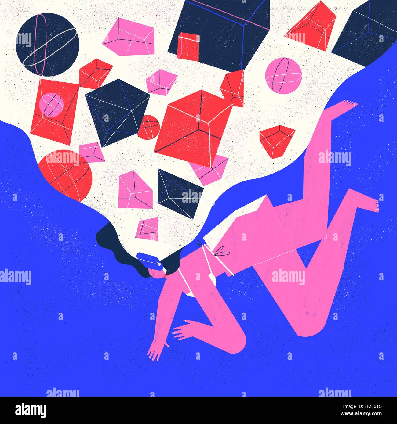 Junge Benutzerin mit einem VR-Headset interagiert und erlebt eine VR Virtual Reality-Umgebung voller geometrischer Formen. Unterhaltung und Technologie Co Stockfoto