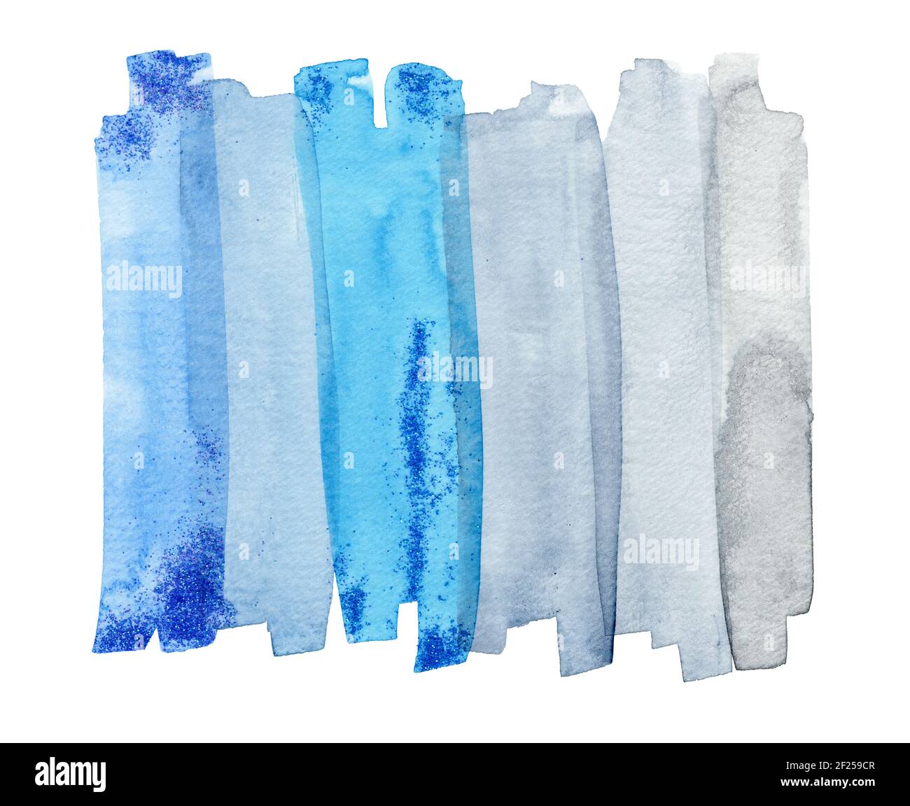 Aquarell blaue Pinselstriche isoliert auf weißem Hintergrund. Abstriche in grau und blau mit Glitzer Stockfoto