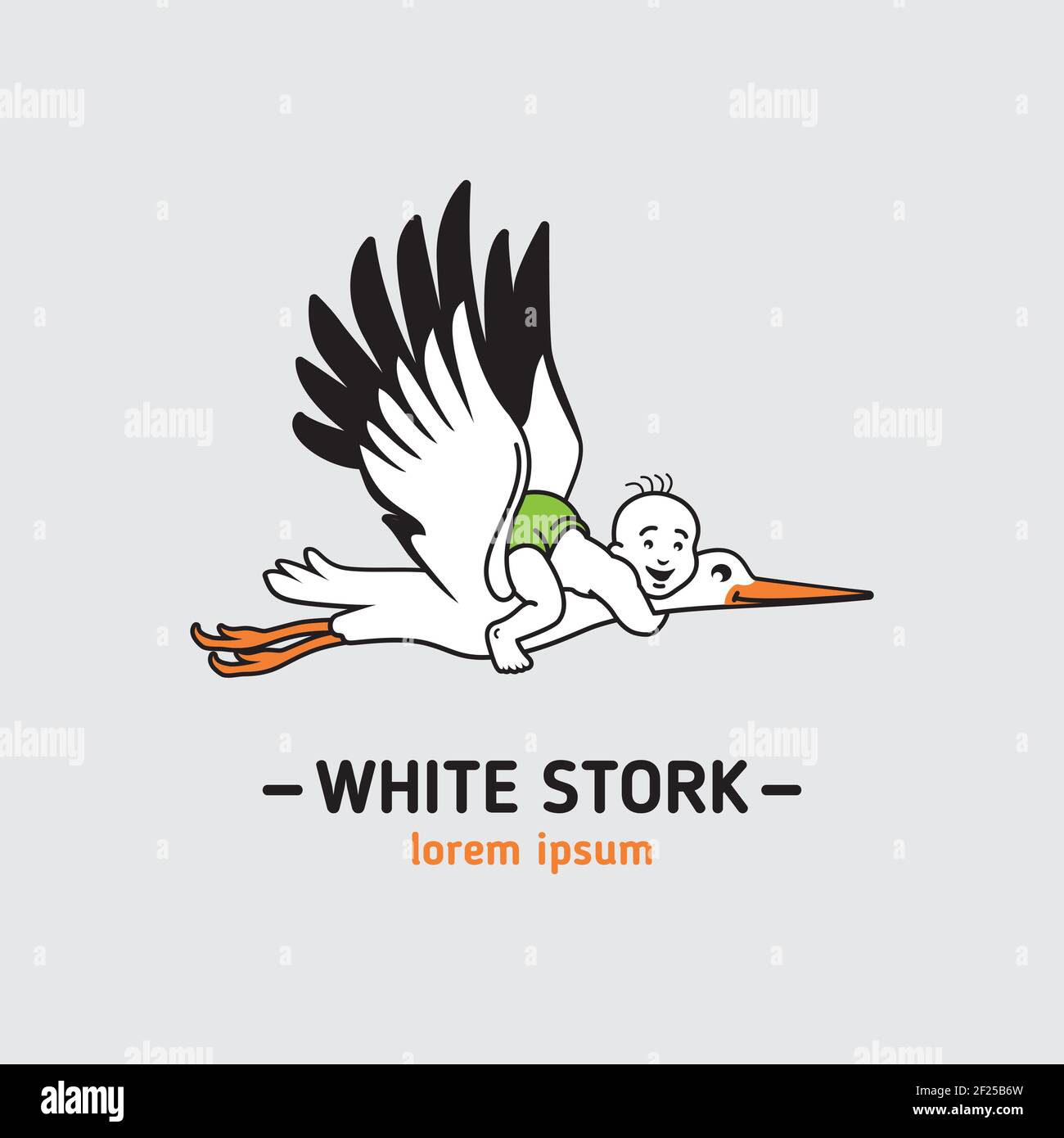 Weißstorch mit einem kleinen Jungen fliegen in den Himmel, heller Hintergrund Stock Vektor