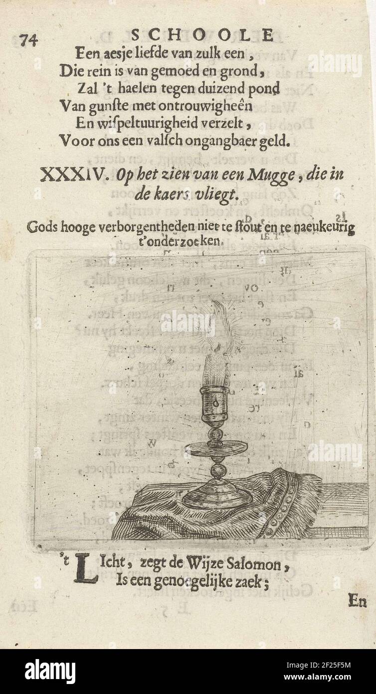 Auf einem Tisch steht ein Kerzenständer mit brennender Kerze. Einige Mücken fliegen um sie herum. Drucken aus einem Buch, in dem 36 mit Satzbildern druckt. Verwendeter Druck: F. van Hoogstraten, der schooly der Welt, 1682. Stockfoto