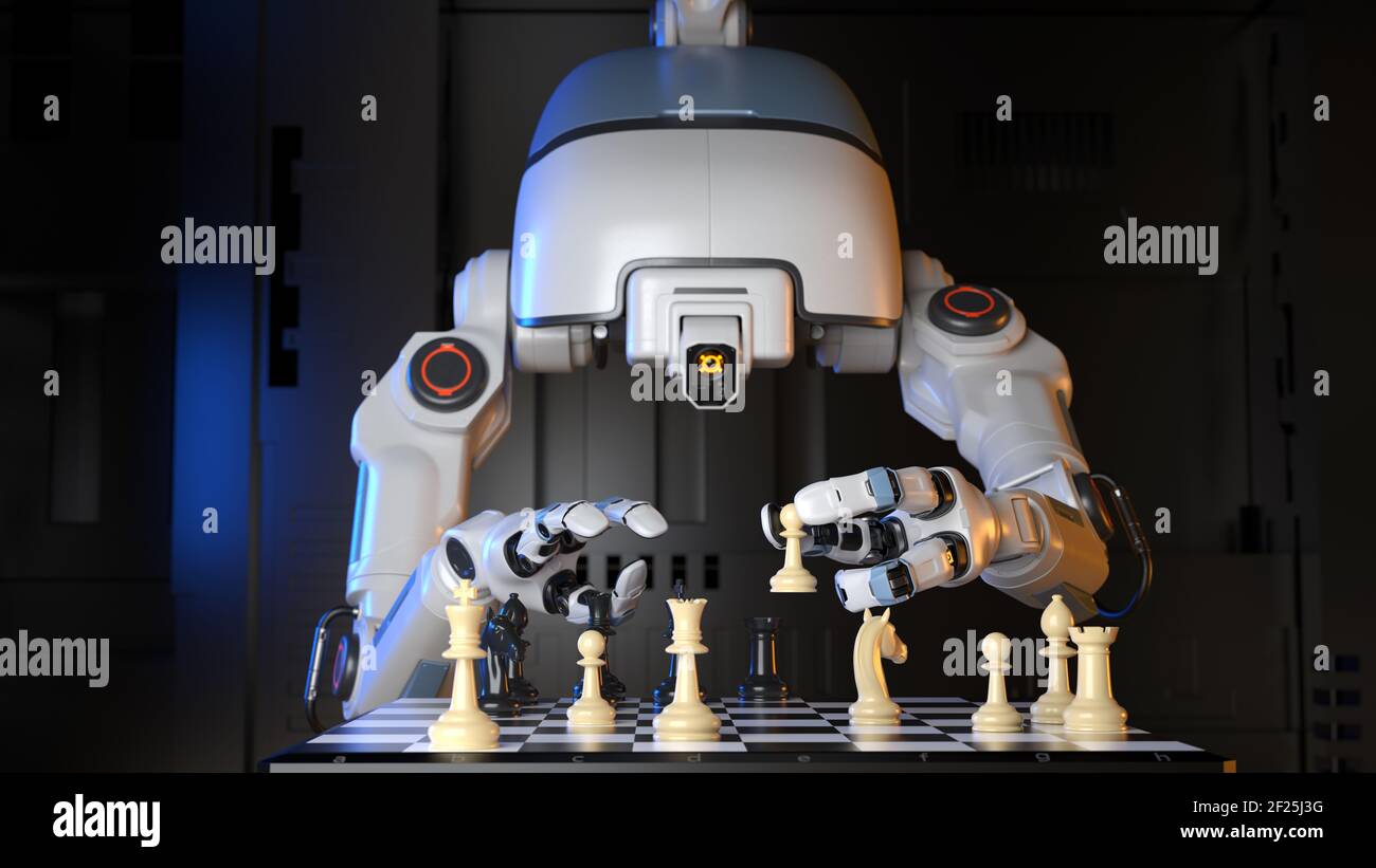 Sci-Fi Industrieroboter, der mit sich selbst ein Schachspiel spielt. 3D Abbildung Stockfoto