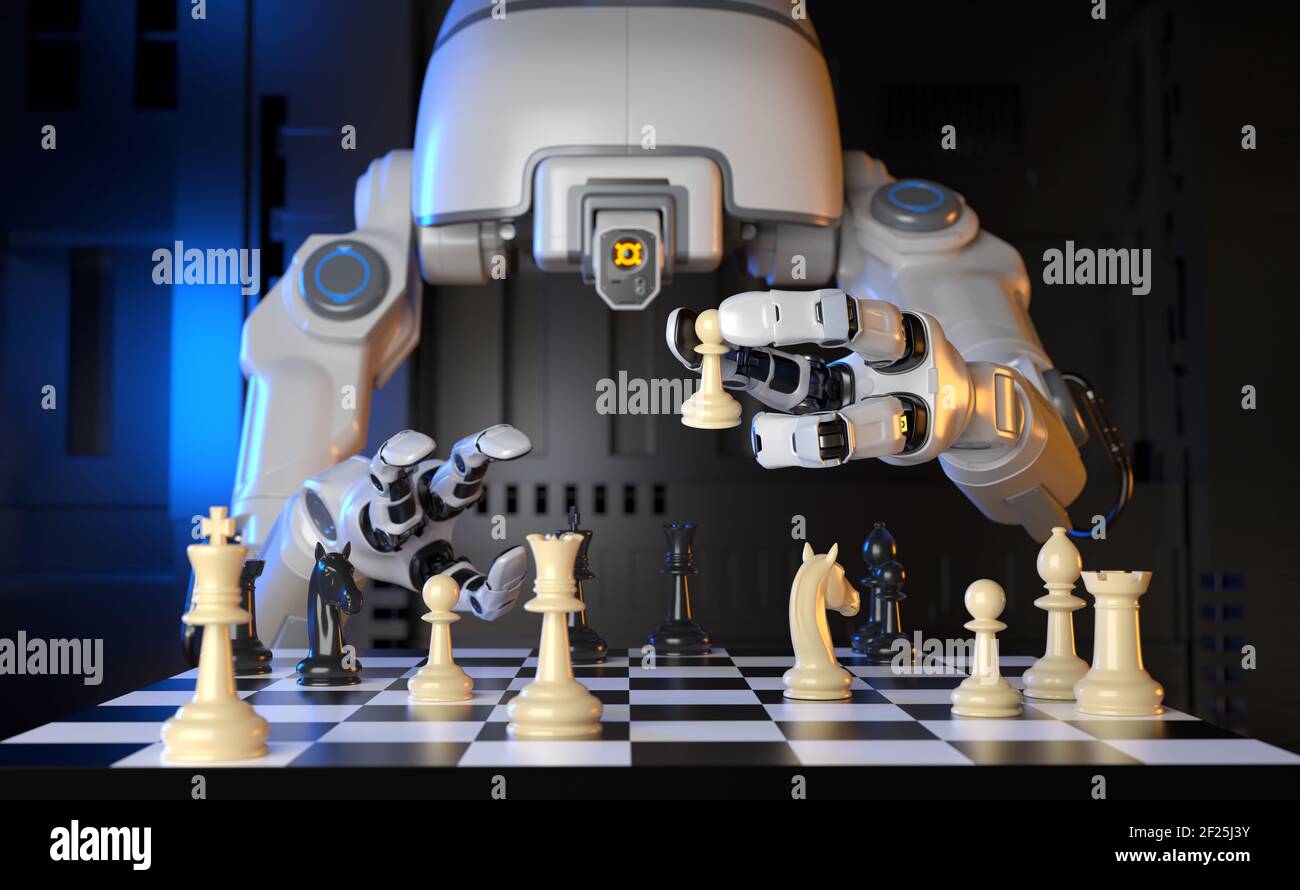 Sci-Fi Industrieroboter, der mit sich selbst ein Schachspiel spielt. 3D Abbildung Stockfoto