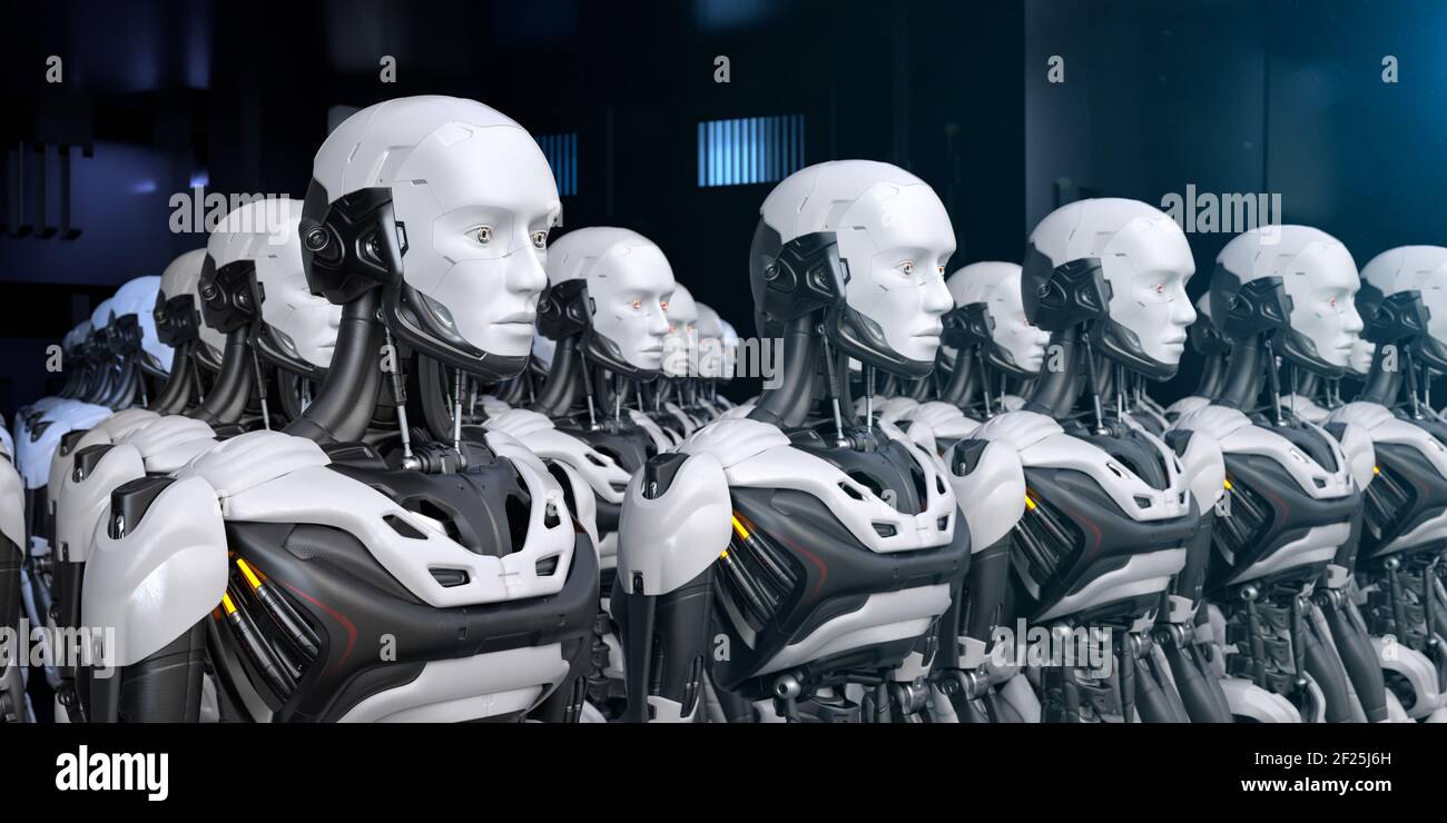Armee von Roboterarbeitern, die in einer Reihe stehen. 3D Abbildung Stockfoto