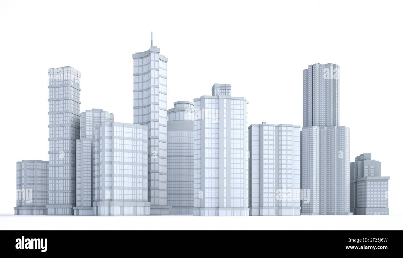 Gruppe von Gebäuden auf weißem Hintergrund. 3D Abbildung Stockfoto