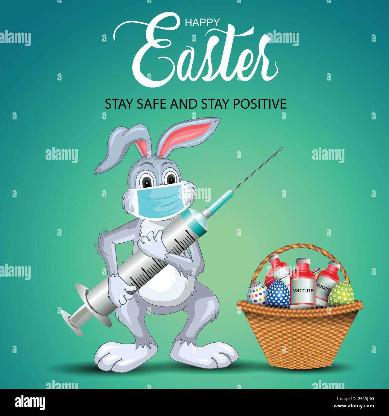 Frohe Ostern Grüße. Lustige Kaninchen hält medizinische Spritze mit Ei und Impfstoffkorb. vektor-Illustration Design Stock Vektor