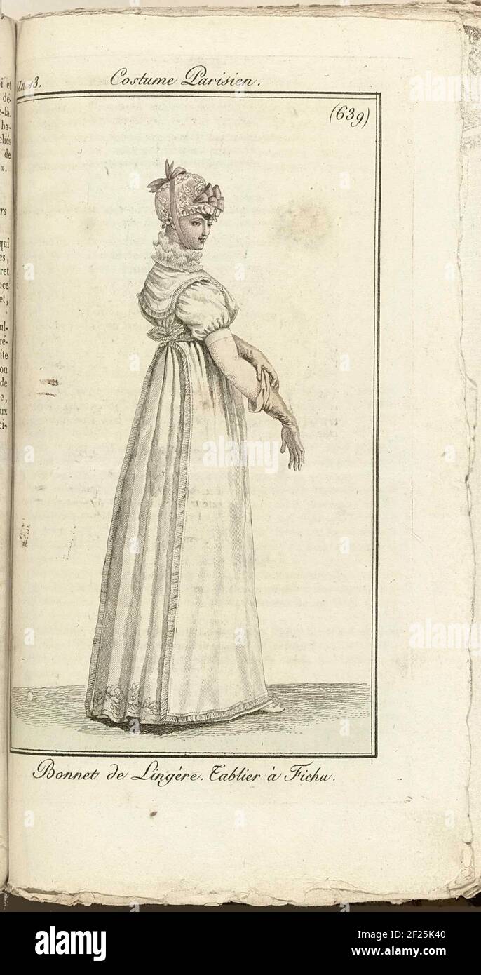 Journal des Dames et des Modes, Costume Parisien, 1805, an 13 (639) Bonnet de Lingère....Frau rechts, in weißem Kleid mit weißer Schürze und Fichu (Tablier und Fichu). Lange Handschuhe. Hut mit Band und Schleife. Stockfoto